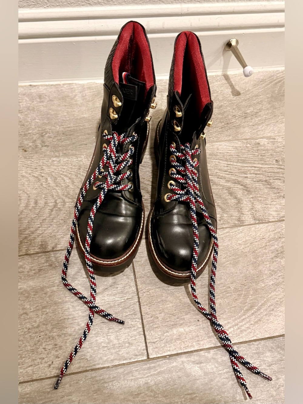 Tommy Hilfiger Black Leather Lace-Up Combat Boots